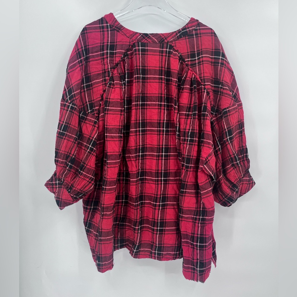 Free People Not Your Boyfriends Tunic Plaid Top Red‎ Oversized Balloon Sleeve Xs - Picture 3 of 8
